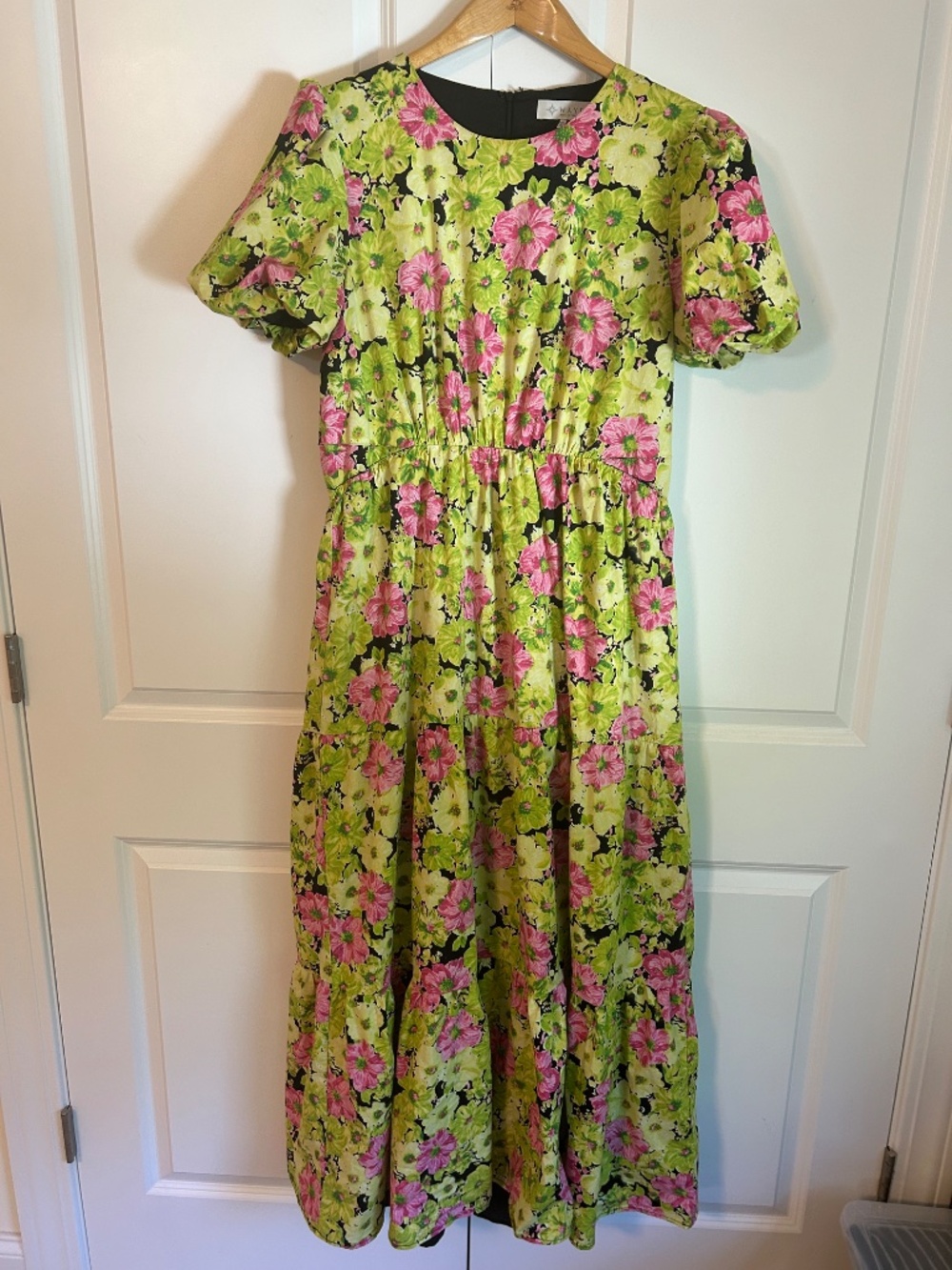 WAYF lime green and pink floral tiered maxi dress summer party XL